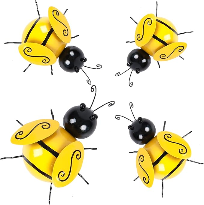 MACLARONX 4 PCS Metal Bumble Bee Garden Decor Outdoor Honey Bee Fence Yard Art Outside Patio Home Wall Decoration