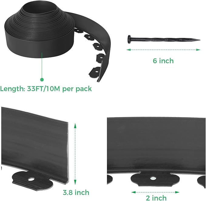 4-Inch x 33 FT Landscape Edging Border with 50 Spikes, Garden Edging Lawn Border Kit, Plastic Edging Border Flexible for Garden Flower Beds Lawn Yard Pathway Paver (Black)