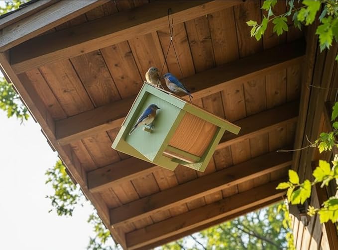 Large Cedar Bluebird House for Outside - Bamboo Shingles Roof Birdhouse for Bluebirds - Weather Proof Metal Protected - 13/16” Thickness Heavy Duty - Detachable and Easy Cleaning (1.5" Hole)
