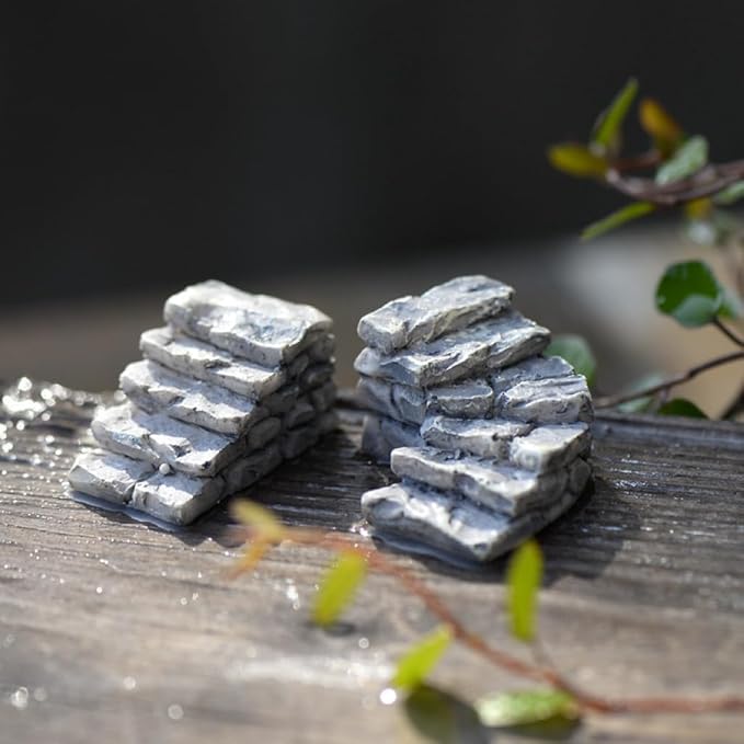 2Pcs Miniature Garden Bridge and Stone Steps, Resin Fairy Garden Decor, Bonsai Ornament