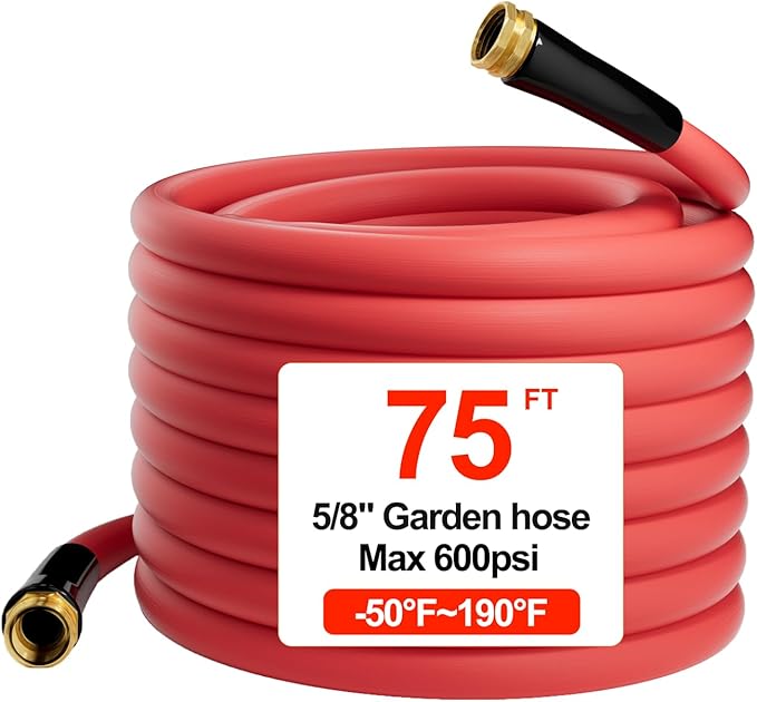 Hot/Cold Heavy Duty Water Garden Hose -50℉ to 190℉, Water Garden Hose 75 ft x 5/8'', 600Psi & Lightweight & Flexible Rubber Hose with 3/4'' Brass fittings for Outdoor, Yard, RV