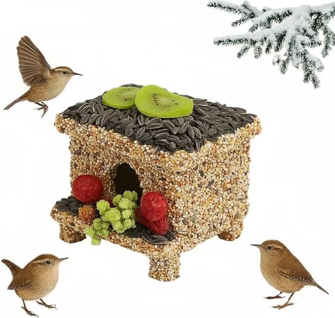 Seeded Birdhouse for Outside with Fruit, Wooden Bird House for Wren, Finch, Bluebird,Cardinal, Hanging Seeded Birdfeeder, Bird Seeds Decorated Weather Proof, More Fun Birding (Villa)