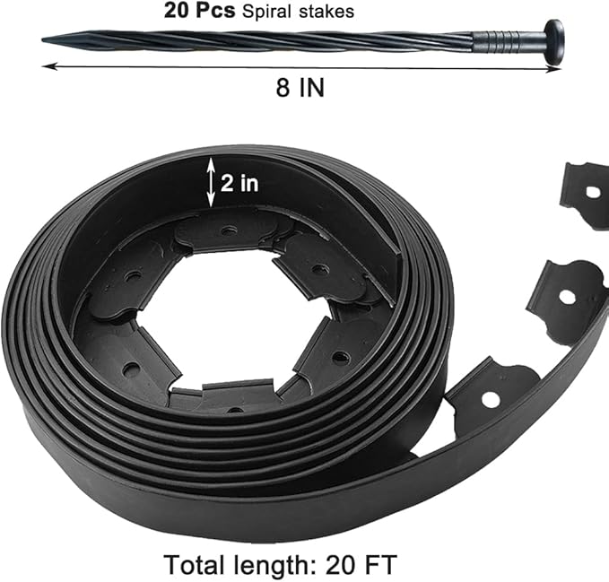 20 Ft Landscape Edging Kit, Black Garden Edging Border with 20 Edging Plastic Stakes, Landscaping Edging Roll for Flower Bed Lawn Driveway Yard