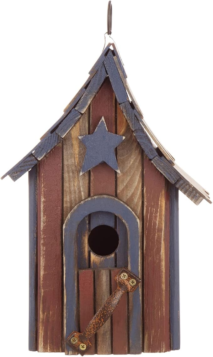 Glitzhome Hanging Birdhouse for Outside, Rustic Patriotic USA Wooden Bird House, Garden Decorative Birdhouses for Outdoors, Bluebird House with Door Handle for Wren Finch Cardinals Cedar