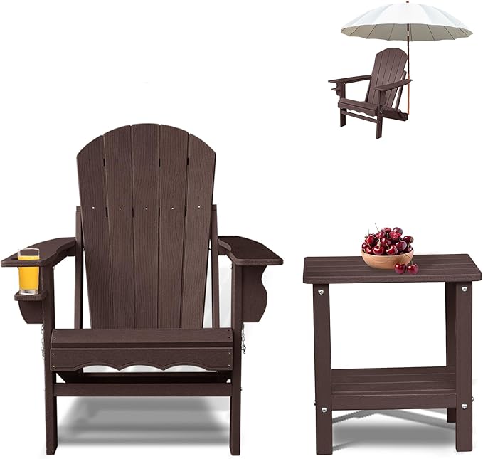 Folding Adirondack Chairs, HDPE Plastic Adirondack Chair with Side Table, Weather Resistant, Unfading, for Patio, Fire Pit, Balcony, Front Porch, Deck-Brown