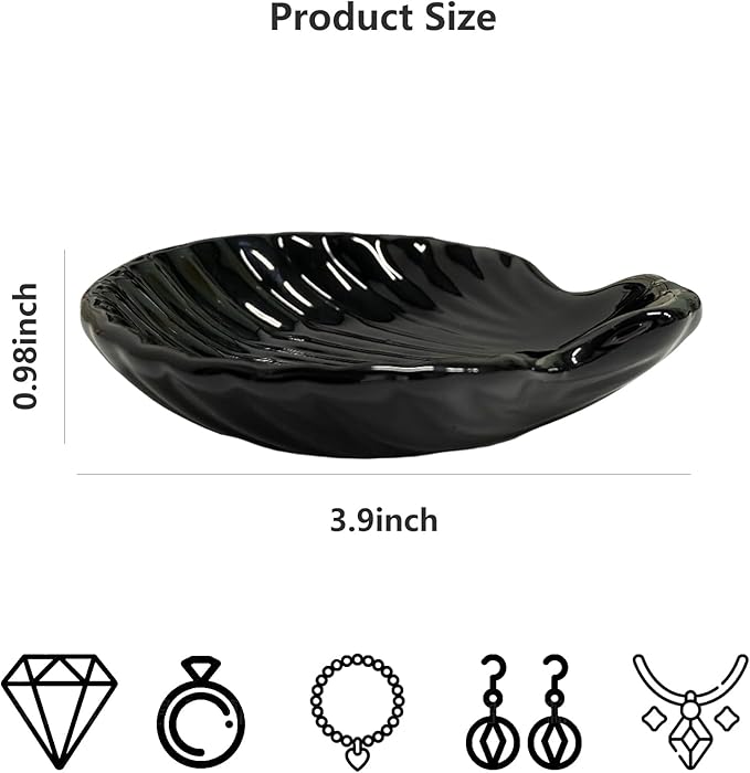 Shell Shape Ring Holder Dish, Seashell Jewelry Dish Tray, Ceramic Trinket Tray for Rings Earrings Necklaces Bracelet, Birthday Mother's Day Christmas Gift for Mom Friend Sister, 3.9", Black