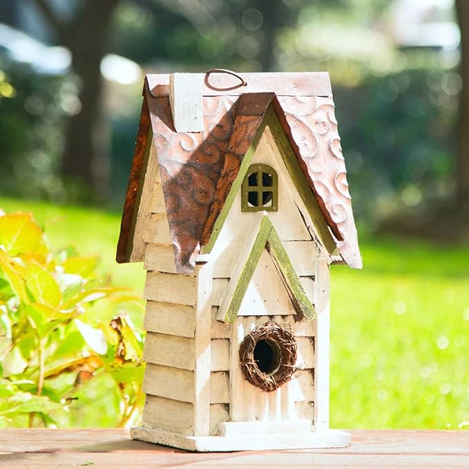 Glitzhome Bird Houses for Outside, 12" H Washed White Distressed Solid Wood Cottage Bird Nesting Box Hanging Bird House for Outdoors, Decorative Birdhouse for Bluebird Wren Sparrow Finch Cardinal