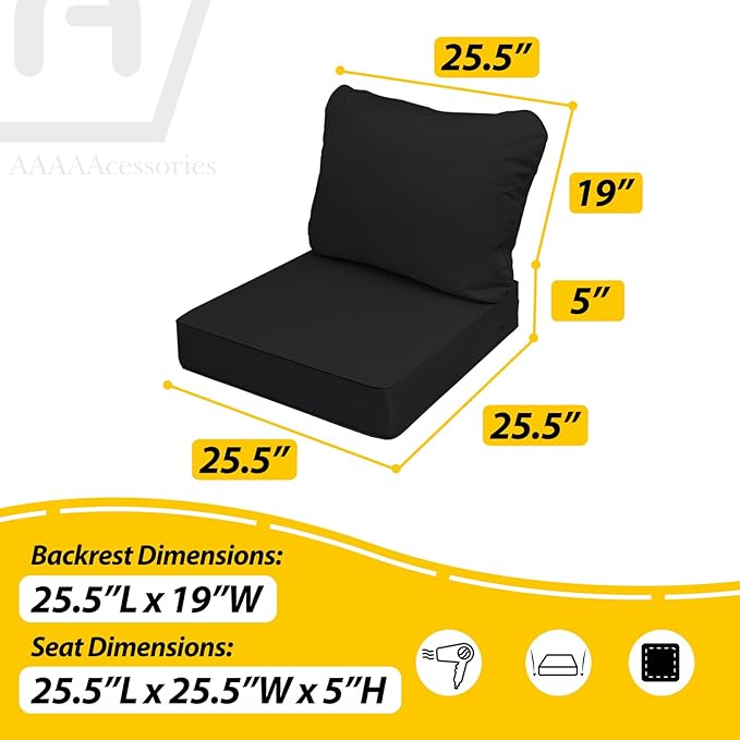 AAAAAcessories Outdoor Seat Cushions for Chairs, Fade-Resistant, Waterproof Patio Furniture Replacement Cushions, 25.5" x 25.5" x 5" + 25.5" x 19", Charcoal Black