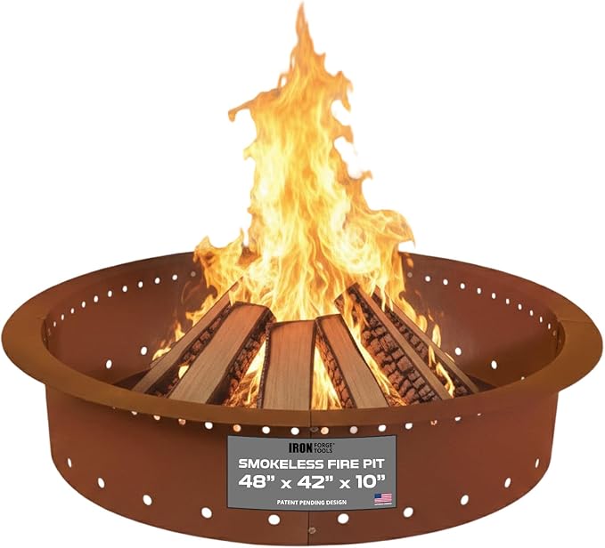 Heavy Duty Metal Smokeless Permanent Fire Pit Ring 48 inch Outer/42 inch Round Fire Pit Insert Liner for Outdoor, Firepits for Outside Corten Steel (48x42x10), Patent Pending