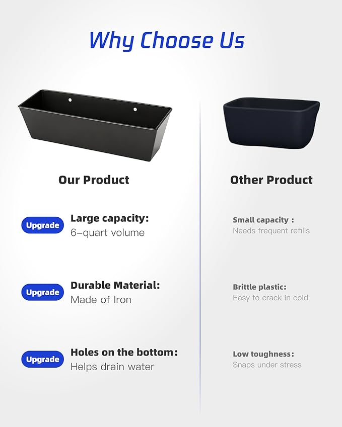 3 Pack 6 Quart Metal Goat Feeder & Duck Feed Trough, Heavy Duty Iron Livestock Manger with Drain Holes & Plugs, Chew-Proof Fence & Wall Hanging Bucket with Hardware for Sheep Piglets, Deer & Poultry