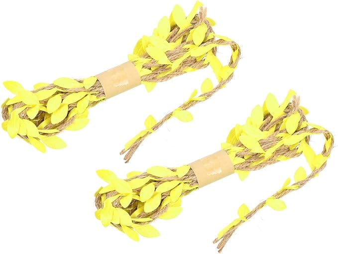 PATIKIL 6.6ft 5mm Burlap Leaf Ribbon, 2 Pack Braided Decoration Vine Natural Jute Rope Twine with Artificial Leaves for Jungle Wedding Party Home Garden Decor, Yellow