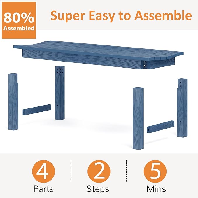 Outdoor Bench, 2-Person Patio Backless Bench Holds up to 800lbs, Weatherproof Garden Bench That Never Rot and Fade, Suit for Backyard, Porch, Patio, Deck and Entryway (Blue)