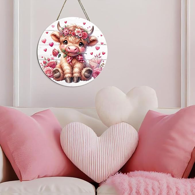 Valentines Day Wall Decor, Valentines Day Door Decorations, Gift for Boyfriend Girlfriend Wife, Pink Heart Rose Highland Cow Wood Hanging Sign Anniversary Porch Home Office Door Decor