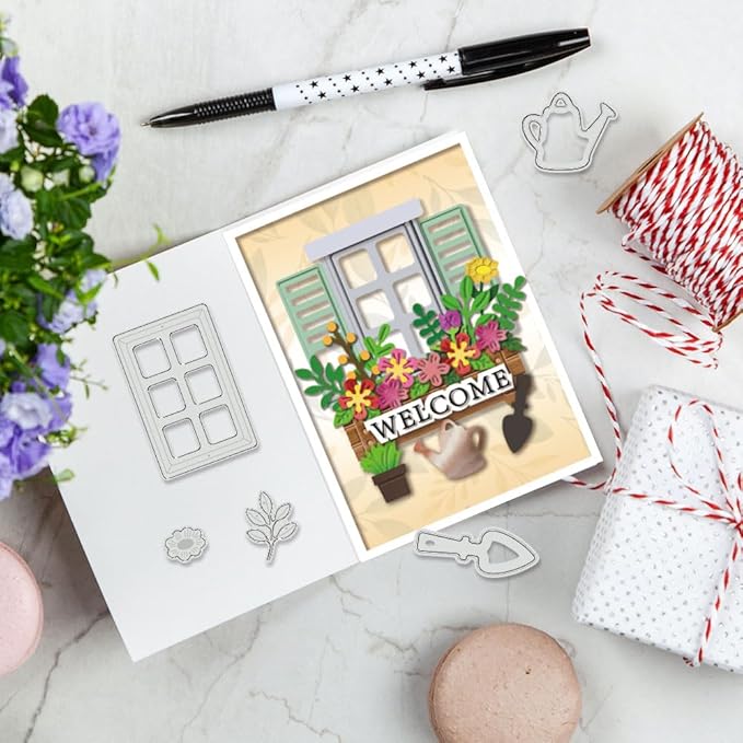 BENECREAT 2pcs Windowsill Garden Cutting Dies, Window Flower Beds Plants Stencils Decorative Embossing Stencils for Scrapbooking, Photo Album, Greeting Card Making, 0.8mm Thick