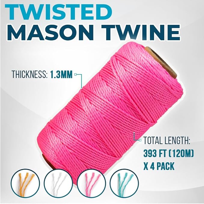 Mason Line String 1.3mm Thick Twisted Polypropylene – Durable Construction Twine for Laying Bricks, Blocks, Fences in Gardening, DIY & Landscaping Projects (Set 4 Colors, 393 Ft x 4 Pcs)