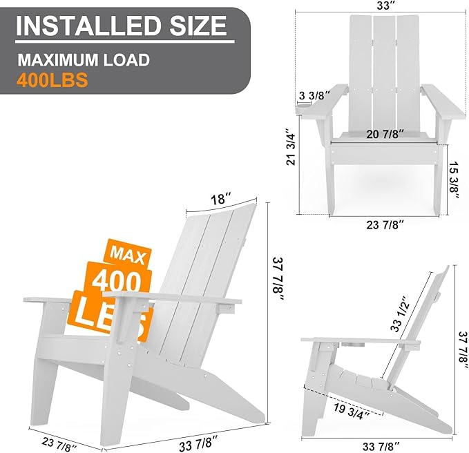 MXIMU Modern Adirondack Chairs Set of 8 Weather Resistant with Cup Holder Oversize Plastic Fire Pit Chairs Plastic Outdoor Chairs for Firepit Area Seating (White)