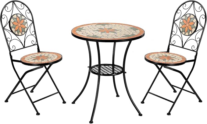 VINGLI 3 Pieces Garden Patio Mosaic Table, Outdoor Bistro Set with Folding Chairs,Black Iron Frame