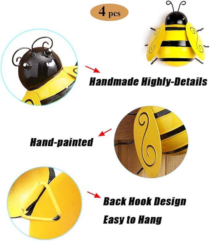 MACLARONX 4 PCS Metal Bumble Bee Garden Decor Outdoor Honey Bee Fence Yard Art Outside Patio Home Wall Decoration