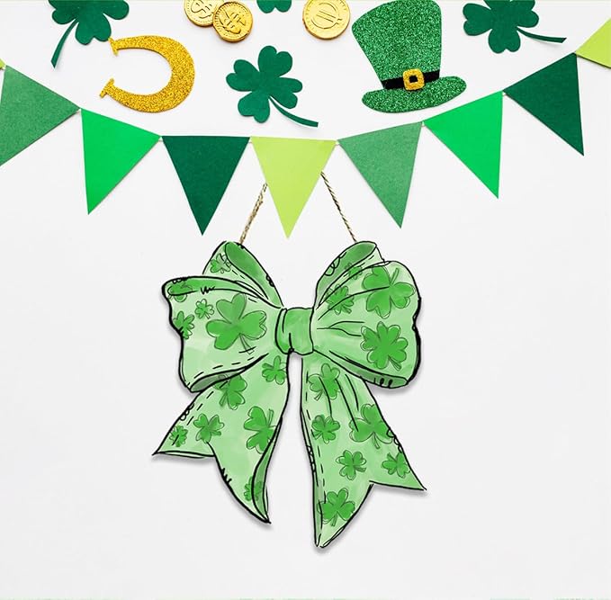 St Patricks Day Door Decorations, St Patricks Day Decorations, Shamrock Door Decoration, Lucky Charm Shamrock Bow Wood Hanging Sign for Office Party Porch Yard Outdoor Indoor Home Decor