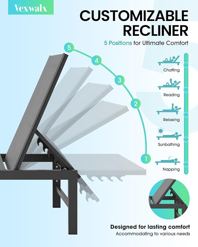 Outdoor Lounge Chairs, Aluminum Chaise Lounge Chairs with 5-Position Recliner, Patio Lounge Chair for Backyard, Poolside, Deck, Lawn