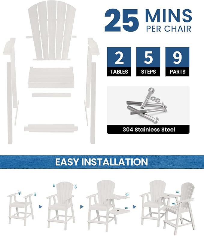 Ciokea Tall Adirondack Chairs Set of 2, HDPE Outdoor Adirondack Bar Stools with Double Connecting Tray, Weather Resistant High Back Adirondack Balcony Chairs for Deck, Lawn, Pool, Backyard, White