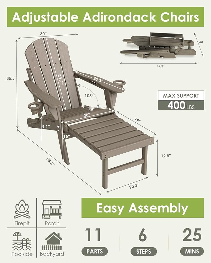 GREENVINES Adjustable Adirondack Chair with Retractable Ottoman Set of 4 | Folding | Wood Grain HDPE Plastic | Fire Pit Chairs w/Foot Rest | 2 Cup Holders | Desert Brown | for Outdoor Poolside
