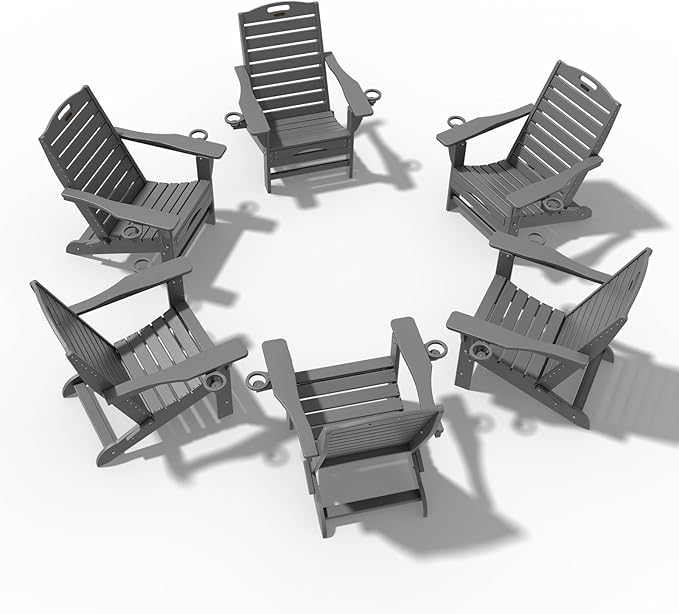 Folding Adirondack Chairs Set of 6,Adirondack Chair with Retractable Ottoman,Plastic Adirondack Chairs with 2 Cup Holder,Weather Resistant Patio Chair,Outdoor Chairs Set of 6(Gray)