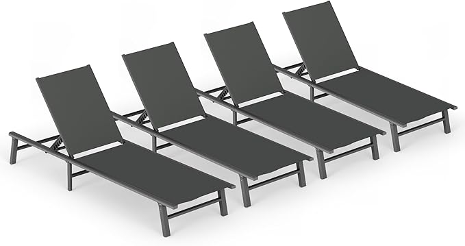 Ciokea Foldable Outdoor Lounge Chair Set of 4, No Assembly Aluminum Chaise Lounge Outdoor with 5-Positions, Aluminum Pool Lounge Chairs with Portable Design for Poolside, Beach, Deck, Patio, Grey
