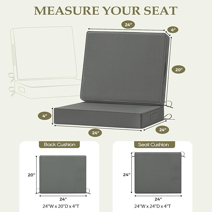 Wellsin Outdoor Cushions for Patio Furniture, Waterproof Outdoor Seat Cushions with Ties and Handle, Outdoor Cushions 24 X 24, Outdoor Deep Seat Cushions with Removable Cover, Dark Gray