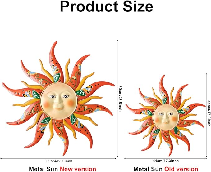Large Metal Sun Wall Art Decor - 23.6Inches Sun Face Garden Sculptures & Statues Wall Art for Indoor and Outdoor Decor, Yard, Farmhouse, Patio, Garden Decorations