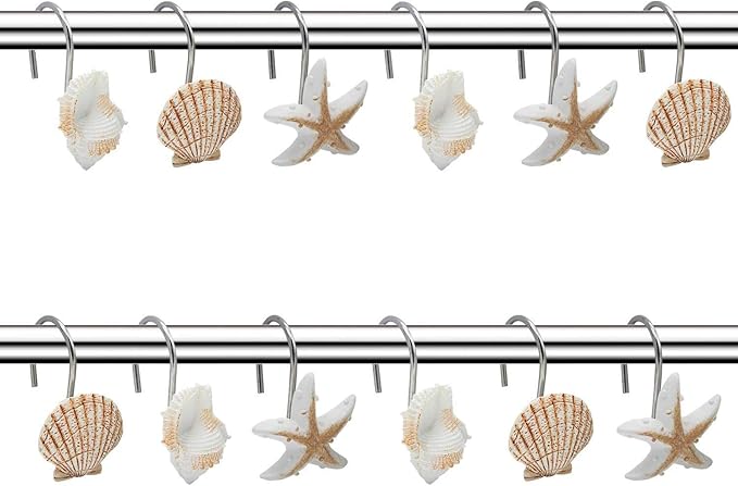 Seashell Shower Curtain Hooks,12PCS Anti Rust Decorative Resin Hooks for Bathroom, Baby Room, Bedroom, Living Room Decor (Light Brown Seashell)
