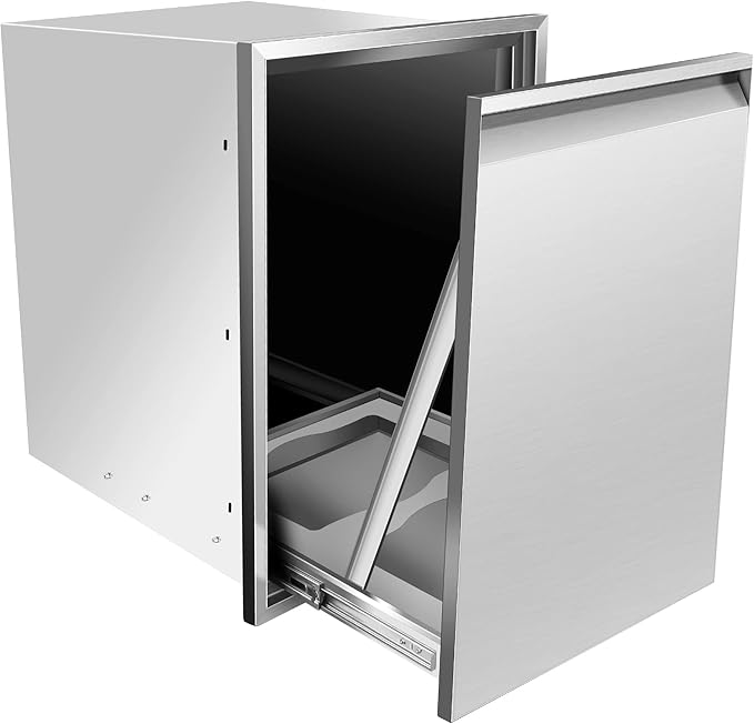 Built-in Double Trash Drawer 20" W x 27" H x 24" D Pull-Out Tray Outdoor Kitchen Stainless Steel Trash Bin Storage for BBQ Island Grill Station