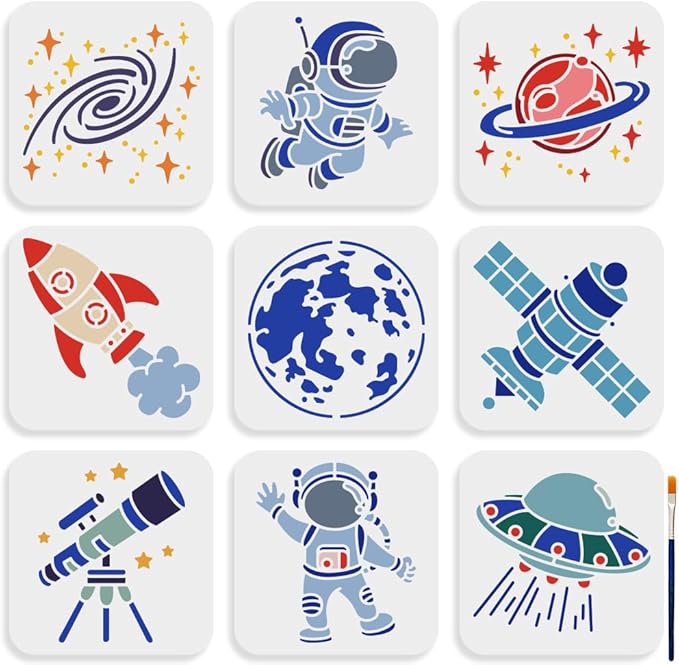 MAYJOYDIY 9pcs Space Astronaut Stencil 6×6inch Space Theme Stencils with Paint Brush Reusable Planet Rocket Telescope Spacecraft Galaxy Drawing Template for Craft Furniture Fabric Wall