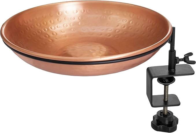 Monarch Abode Deck Mounted Bird Bath & Bird Feeder for Outdoors – Pure Copper Hand Hammered Birds Bath Bowl w/Detachable Iron Clamp, Birdfeeder and Birdbath for Outdoors Garden Backyard
