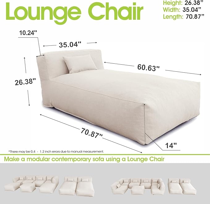 Bean Bag Chaise Lounge Chair Outdoor, Water Resistant Floor Lounge Chairs Foam Filled for Pool & Outside, Patio Day Bed Modern Furniture Set, Comfy Lazy Sofa Couch Bean Bag, Light Beige