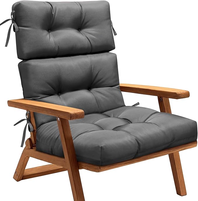 MAGIC ELEPHANT High Back Chair Cushion, Indoor Outdoor Memory Foam Chair Cushion with Ties for Adirondack and Rocking Chair, Waterproof Replacement Patio Cushion for Chair (Grey)