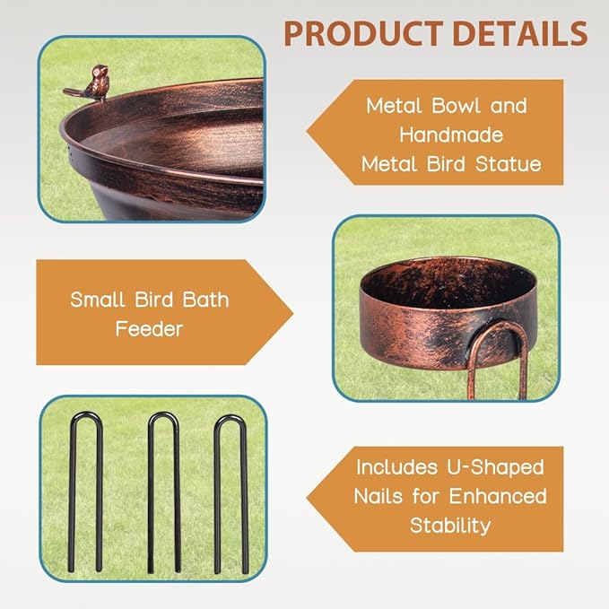 dreamysoul Large Bird Bath with Metal Pedestal, 18" Dia Antique Copper Outdoor Birdbath with Bird Feeder for Garden Outside Patio Yard Decor