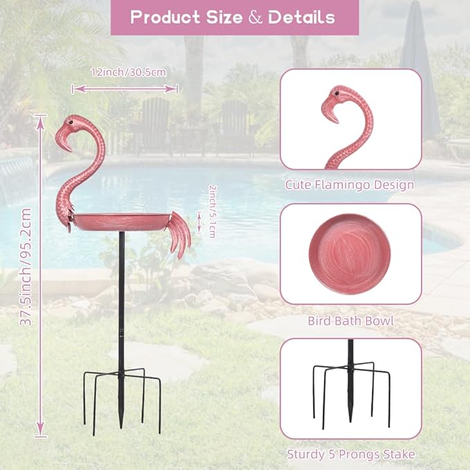 Pink Flamingo Bird Bath - 12-inch Metal Outdoor Bird Bath with 5-Prong Ground Stake, Rust-Resistant Garden Feeder for Patio Decor, Bird Lover Gift