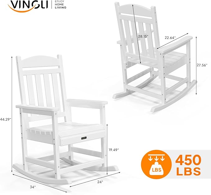 VINGLI Outdoor Rocking Chair, HDPE Rocking Chair with Higher Backrest, Patio Rocker with Ergonomic Design, All Weather Rocking Bench for Garden, Yard, Balcony, White