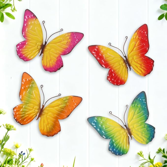dreamskip Metal Butterfly Wall Decor Art, 4 Pack Colorful Metal Butterflies Outdoor Wall Art, Hand Painted Outdoor Wall Decor For Garden, Yard, Fence, Patio, Living Room, Bedroom Decoration