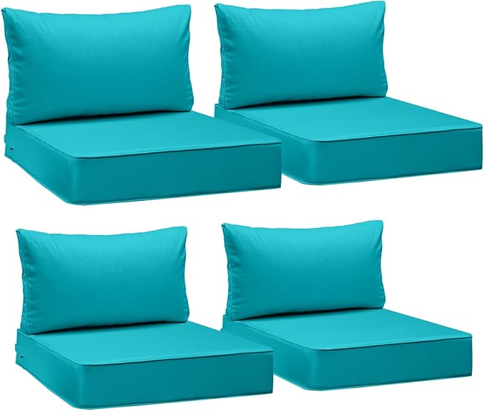 AAAAAcessories Outdoor Deep Seat Cushions, Waterproof, Fade-Resistant Patio Furniture Replacement Cushions, 25.5" x 25.5" x 5" + 25.5" x 13.5", Set of 4, Turquoise Blue