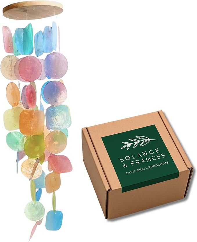 Solange & Frances Rainbow Capiz Shell Wind Chimes for Outside - Sea Glass Decor Windchimes, Gift Ideas for Mom, Gifts for Women, Unique Valentines Day Gifts and Gift for Men
