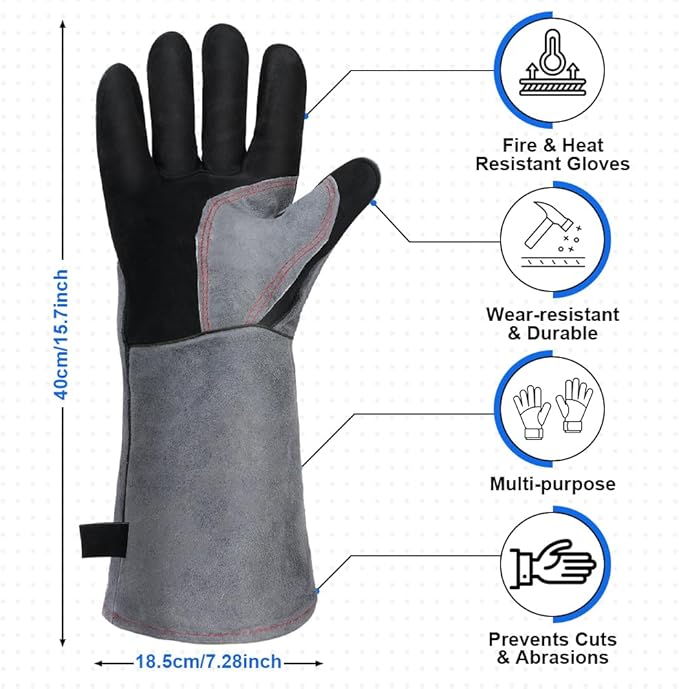 AUAUY Heat & Fire Resistant Gloves Leather BBQ Gloves Wear Resistant Heavy-Duty Welding Gloves for Grinding,Baking,Gardening
