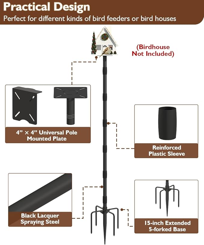 Garbuildman Upgraded Smart Bird Feeder Pole for Birdhouses with Reinforced 5-Prong Base, Adjustable Birdhouse Pole for Outdoors, Bird Feeder Stand Mounting Kit for Wild Birds Watching, Black