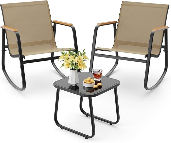 Aiho 3-Piece Patio Furniture Set, Outdoor Furniture with Textilene Fabric Rocker Chairs with Coffee Table, Patio Bistro Sets for Garden, Balcony, Poolside(Brown)