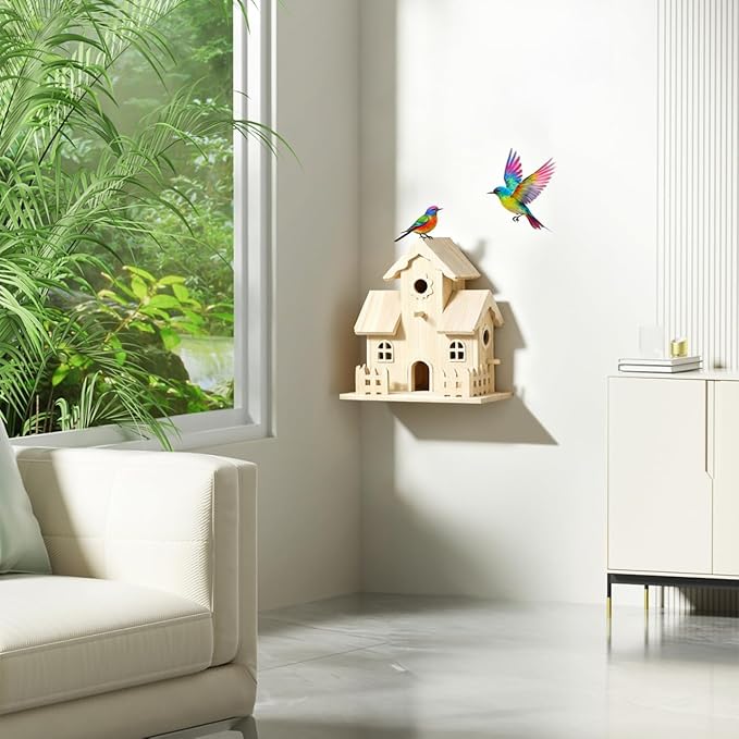 Wooden Bird House Bird Nest Unfinished Unpainted Wood Birdhouse Hanging Sleeping Nest, Indoor Outdoor Window Bird House, Garden Bird Bed for Hummingbird Parrot Sparrow