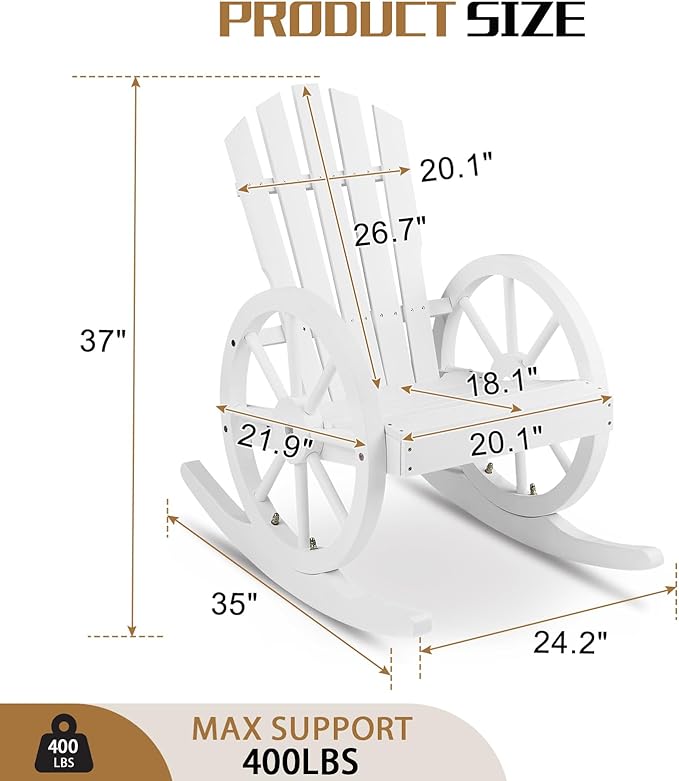 Outvita Adirondack Rocking Chair, Wood Wagon Rocker, Outdoor Wooden Carbonized Lounge Chairs with Wheel Armrest for Garden Patio Country Yard Porch(White)