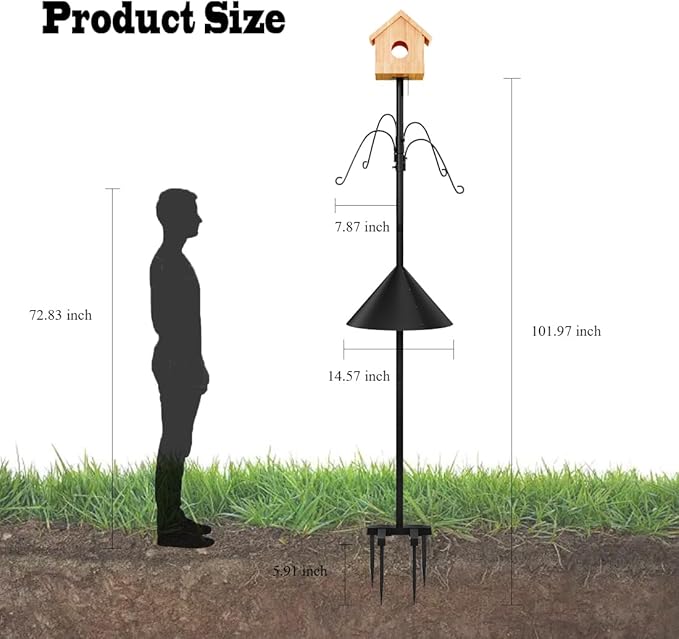 Bird Feeder Pole 101.97 Inch House Stand with Squirrel Proof Baffle Heavy Duty Feeding Station with 4 Shepherd Hooks for Outdoor Garden Yard Black (Bird House Not Included)