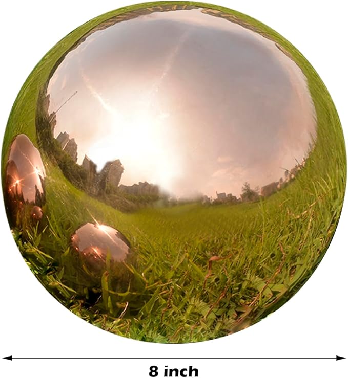 Nerien 8 Inch Gazing Ball, Stainless Steel Garden Mirror Globe, Polished Ornament Sphere, Hollow Floating Reflective Hemisphere, Home Outdoor Pond Housewarming Swimming Pool Decoration Gift, Rose Gold