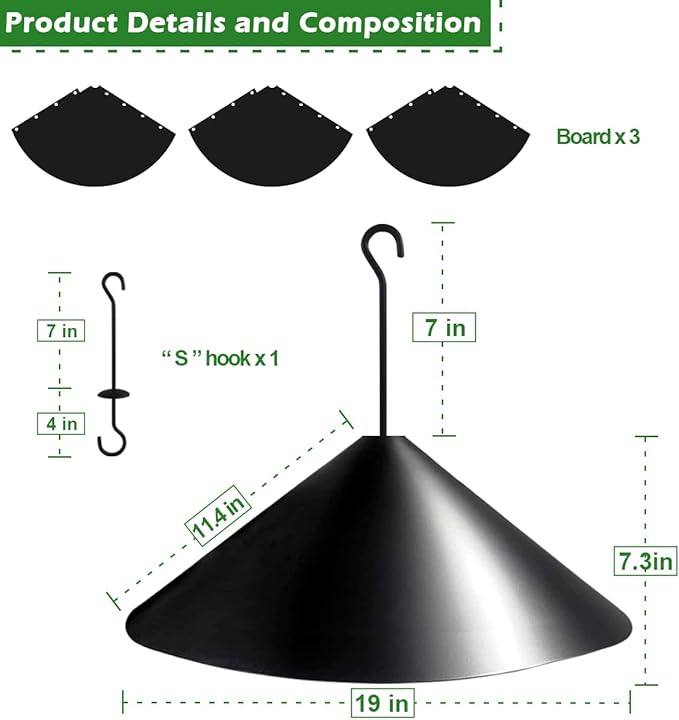 19 Inch PP Squirrel Proof Baffle for Protecting Outside Pole Bird Feeders and Bird Houses, Hang Mount Raccoon and Squirrel Guard Stopper for Shepherd Hooks - Black, 2 Pack